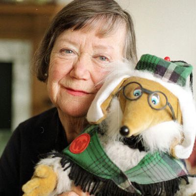 Elisabeth Beresford holding an Uncle Bulgaria toy