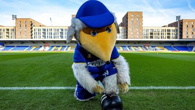 Haydon the Womble tying his shoelace on the AFC Wimbledon pitch