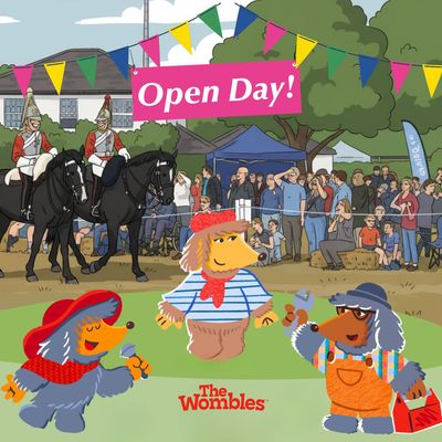 Illustration of people watching the Household Cavalry riding display, with Orinoco, Madame Cholet and Tobermory in the foreground